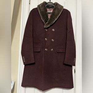 Men's  classic fit Double-Breasted Overcoat with Faux Fur Shawl Collar-Burgundy